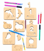Kids Wooden Learning Stencils – English & Urdu Alphabets, Numbers & Drawing Practice Board