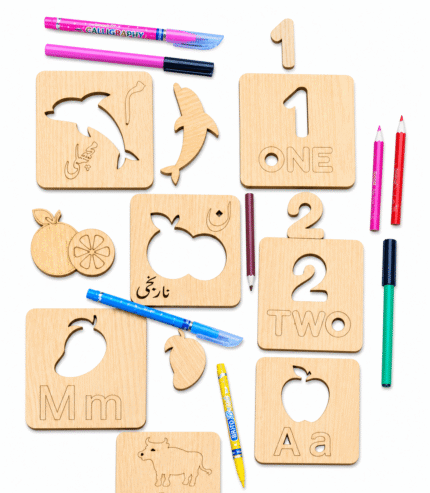 Kids Wooden Learning Stencils – English & Urdu Alphabets, Numbers & Drawing Practice Board