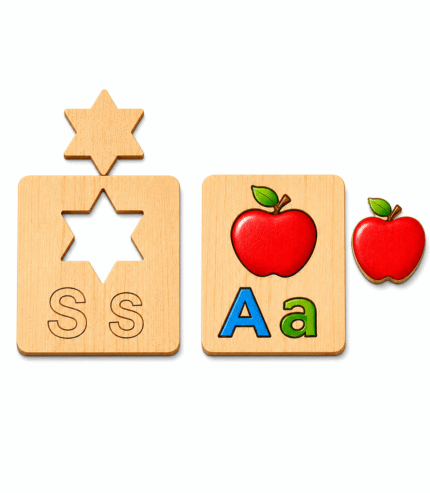 Kids Wooden English Alphabet Drawing Stencils with Pictures & Puzzle – 104 Pcs